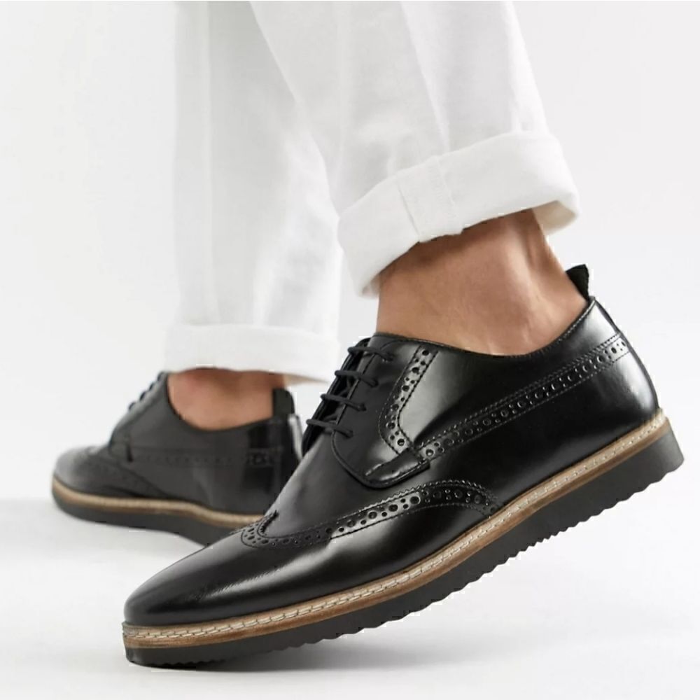 ASOS DESIGN fit brogue shoes in black leather with wedge sole size 13